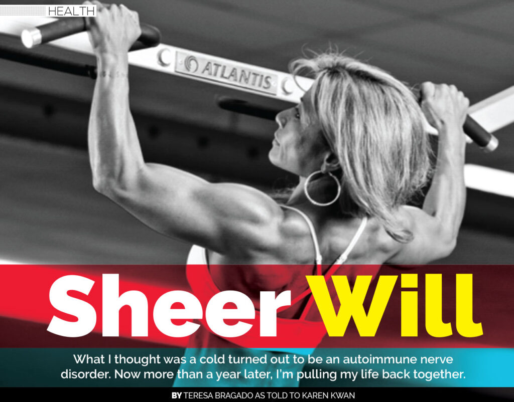 Woman performing a pull-up beneath the headline “Sheer Will”.
