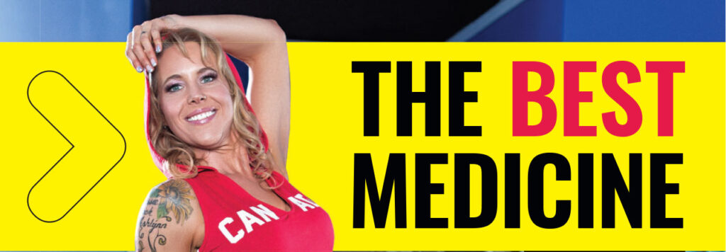 Woman in a red Canada top beside the headline “The Best Medicine”.