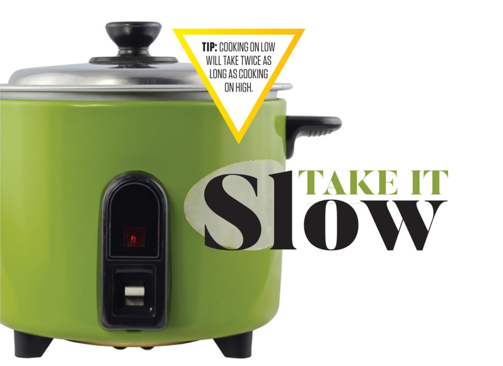 Green electric cooker beside the title Take It Slow and a tip stating that low cooking takes twice as long as high.