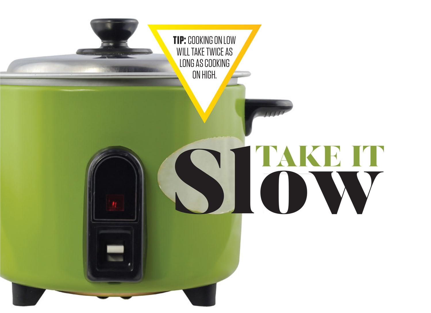Green electric cooker beside the title Take It Slow and a tip stating that low cooking takes twice as long as high.