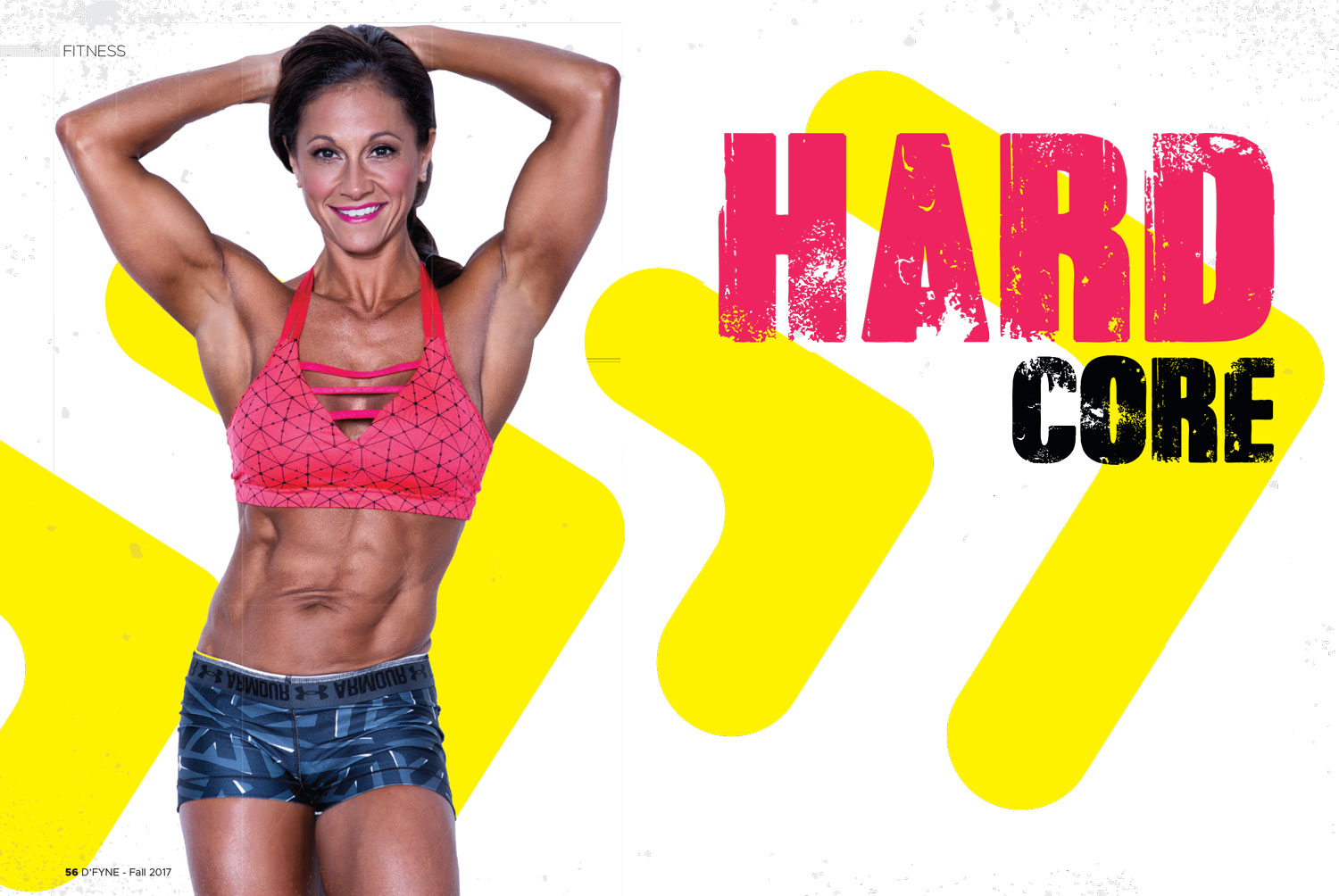 Woman in a pink sports bra posing with hands behind her head beside the heading Hard Core.