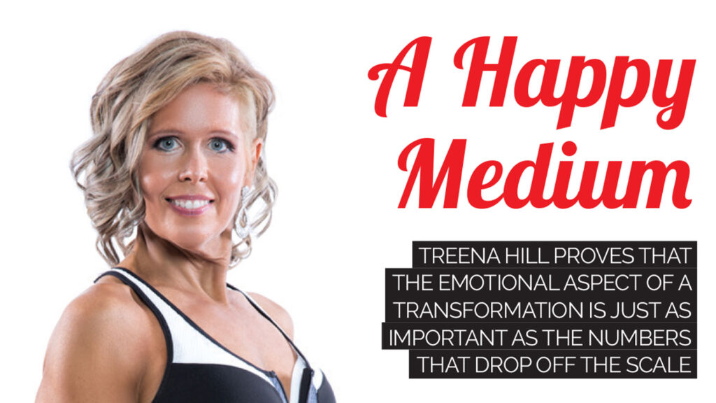 Smiling woman with short curly blonde hair wearing a black and white sleeveless top next to red text reading 'A Happy Medium' and black text about emotional transformation.
