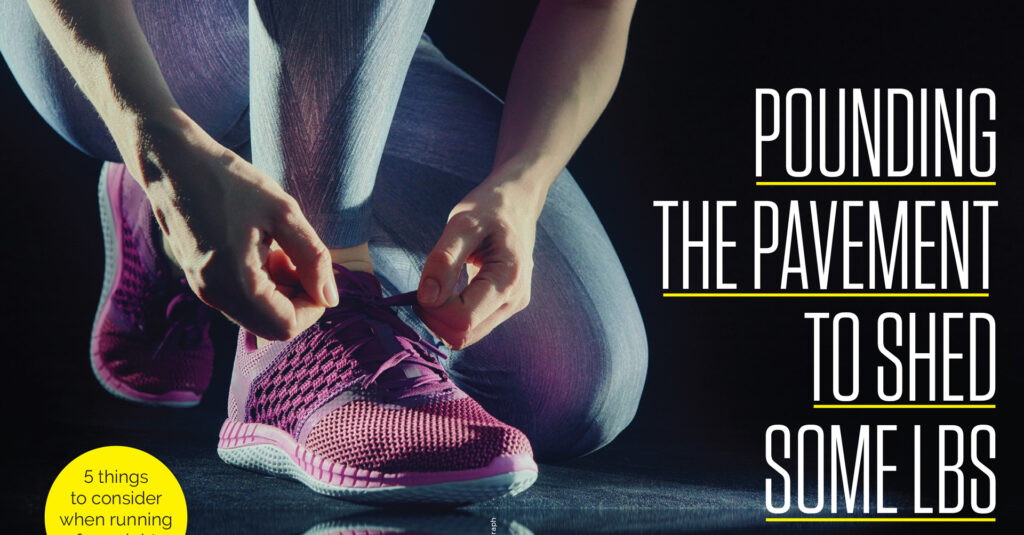 Person in purple running shoes and leggings tying shoelaces, with text 'Pounding the Pavement to Shed Some Lbs' on the right side.