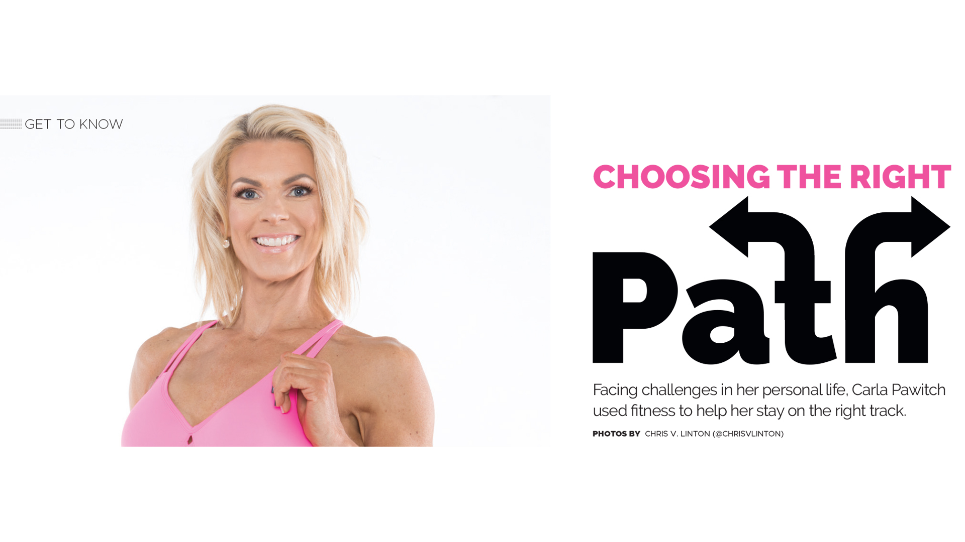 Smiling woman in a pink sports top against a white background, next to text reading 'Choosing the Right Path' with arrows integrated into the word 'Path'.