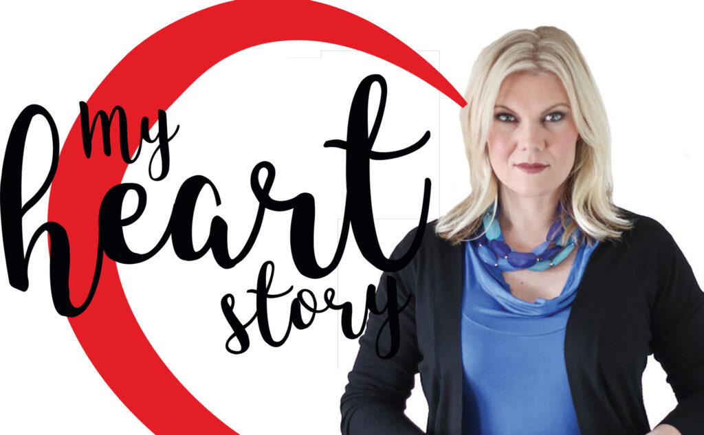 Portrait of a blonde woman beside the words My Heart Story and a red heart-shaped outline.