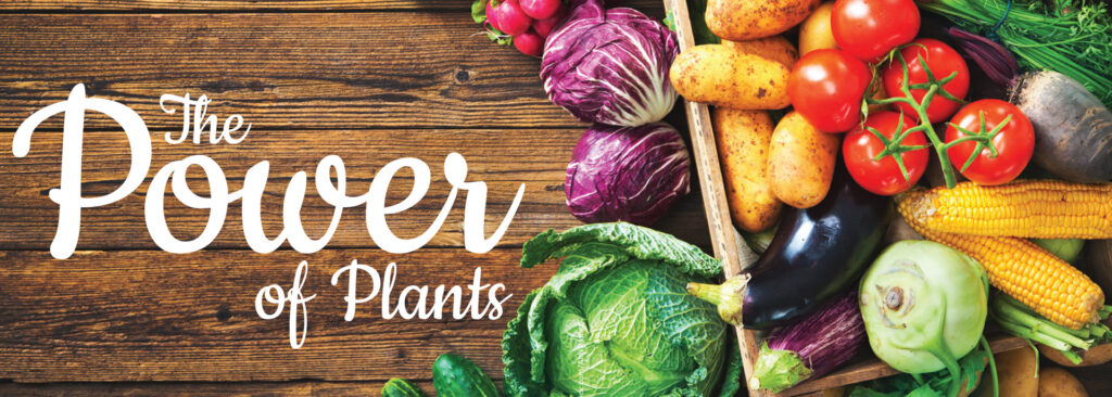 Assorted vegetables on a wooden surface beside the heading The Power of Plants.