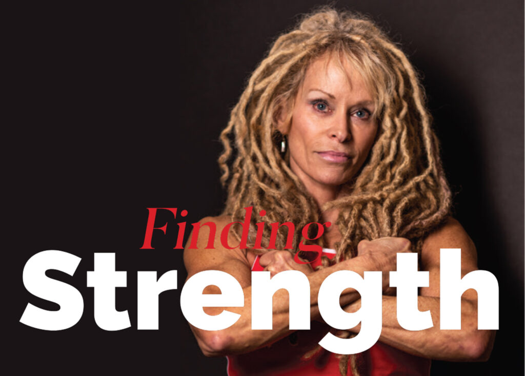 Portrait of a woman with long blonde dreadlocks beside the heading Finding Strength.