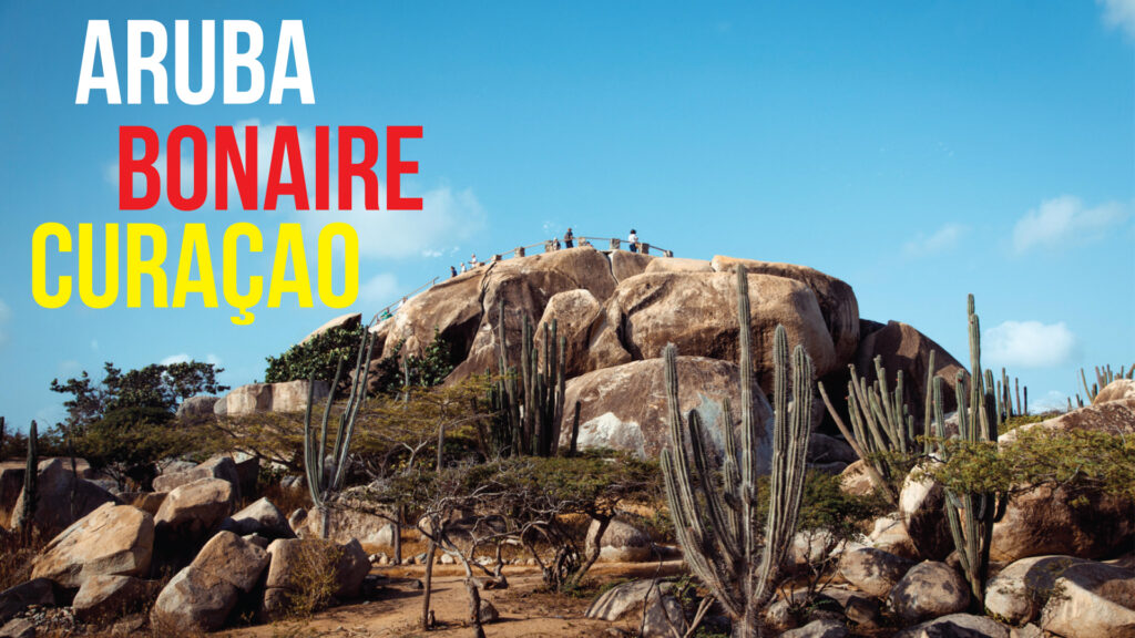 Rocky landscape with cacti beneath the words Aruba, Bonaire, Curaçao.