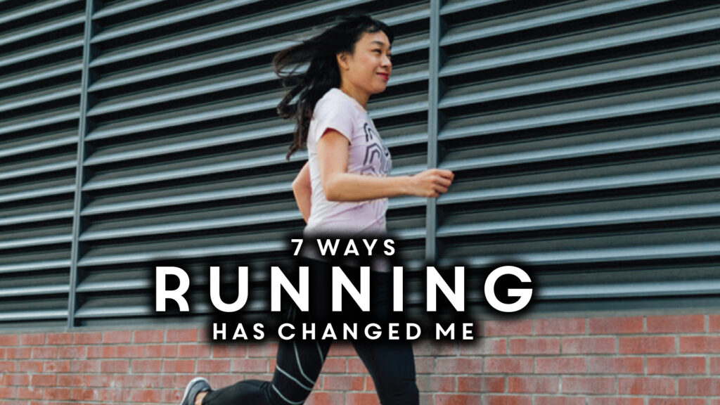 Woman running past a louvred wall beneath the heading 7 Ways Running Has Changed Me.