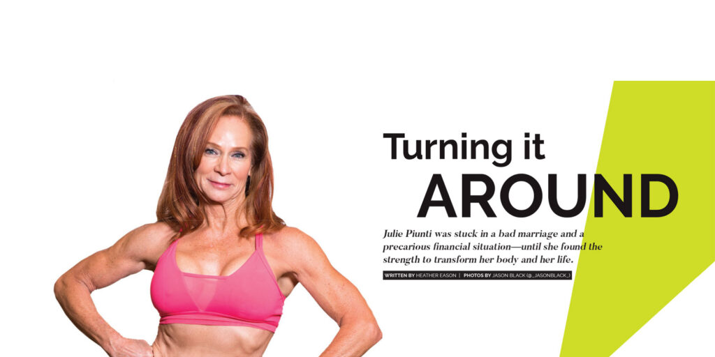 Woman in a pink sports bra with hands on hips, smiling confidently against a white background with text about turning life around.
