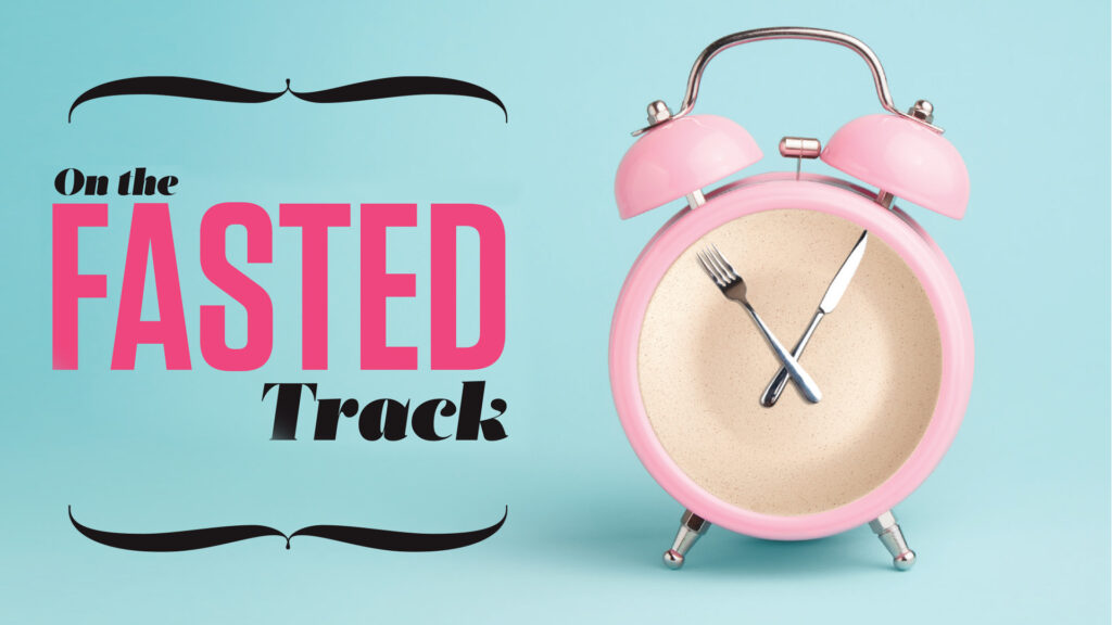 Pink alarm clock on a turquoise background beside the heading “On the Fasted Track”.