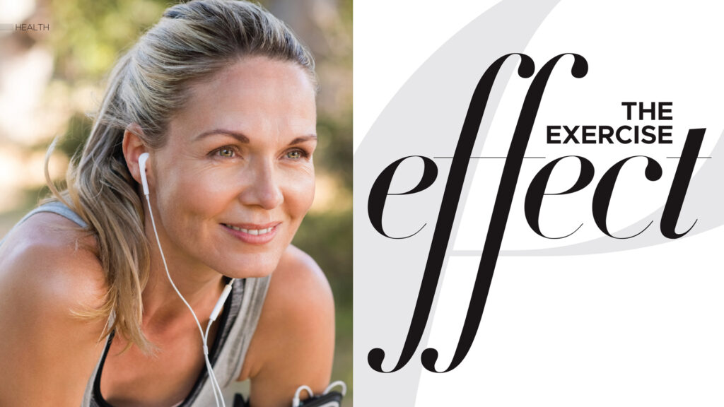 Woman leaning forward outdoors beside the heading The Exercise Effect.