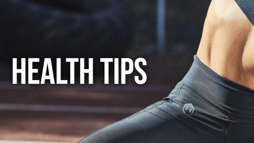 Cropped view of a person in workout leggings beside the heading Health Tips.