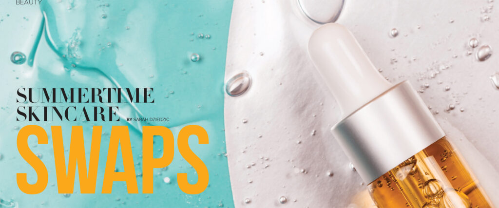 Skincare dropper bottle and water droplets beside “Summertime Skincare Swaps”.
