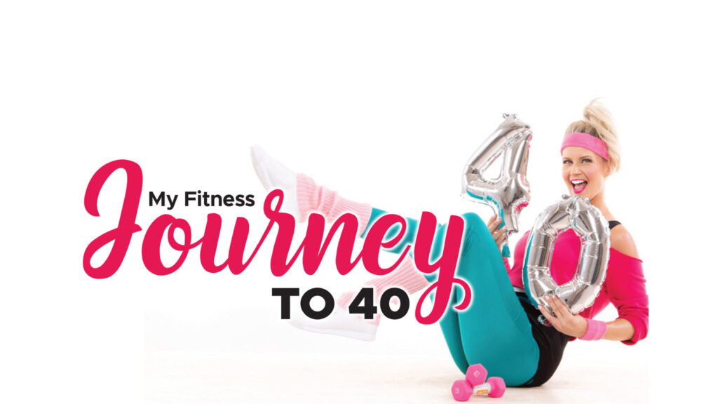 Woman in bright workout clothes holding silver number balloons beside “My Fitness Journey to 40”.