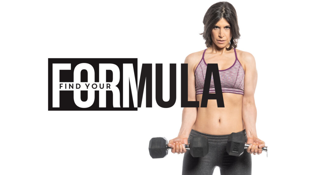 Woman holding dumbbells beside the heading “Find Your Formula”.