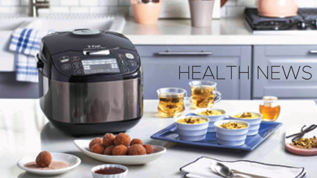 “Health News” heading with an electric multicooker, desserts and drinks.