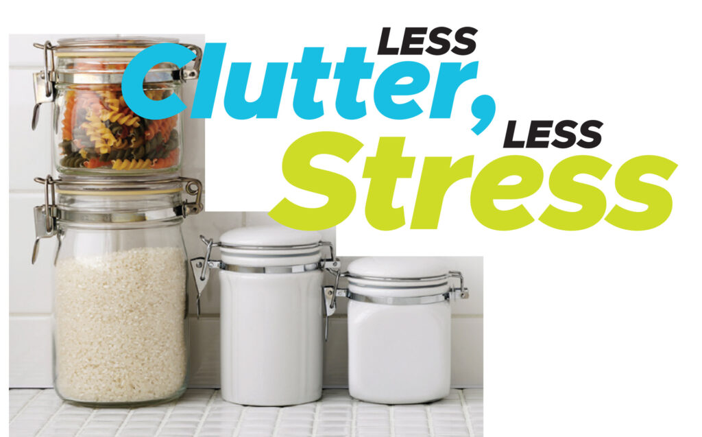 Glass storage jars beside the heading “Less Clutter, Less Stress”.