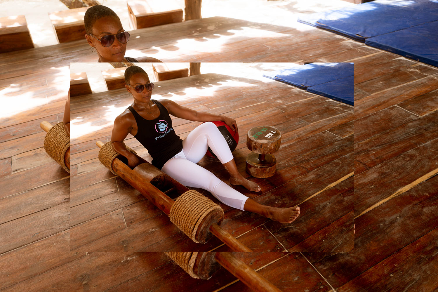 Overlapping photos of a woman seated on a wooden floor beside rustic exercise equipment.