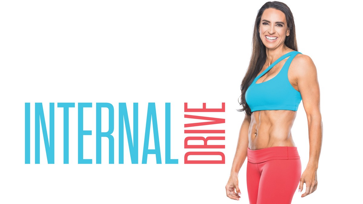 Fit woman in a blue sports bra and red leggings smiling, standing next to the words INTERNAL DRIVE in blue and red text on a white background.