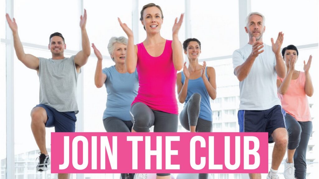 Group of six people exercising indoors, raising arms and clapping, with a pink banner reading 'JOIN THE CLUB' in front.