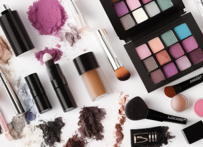 Makeup palettes, brushes, foundation and loose cosmetic powders arranged on a white surface.