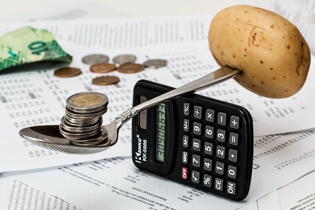 Potato and stacked coins balanced on a spoon over a calculator and printed financial pages.