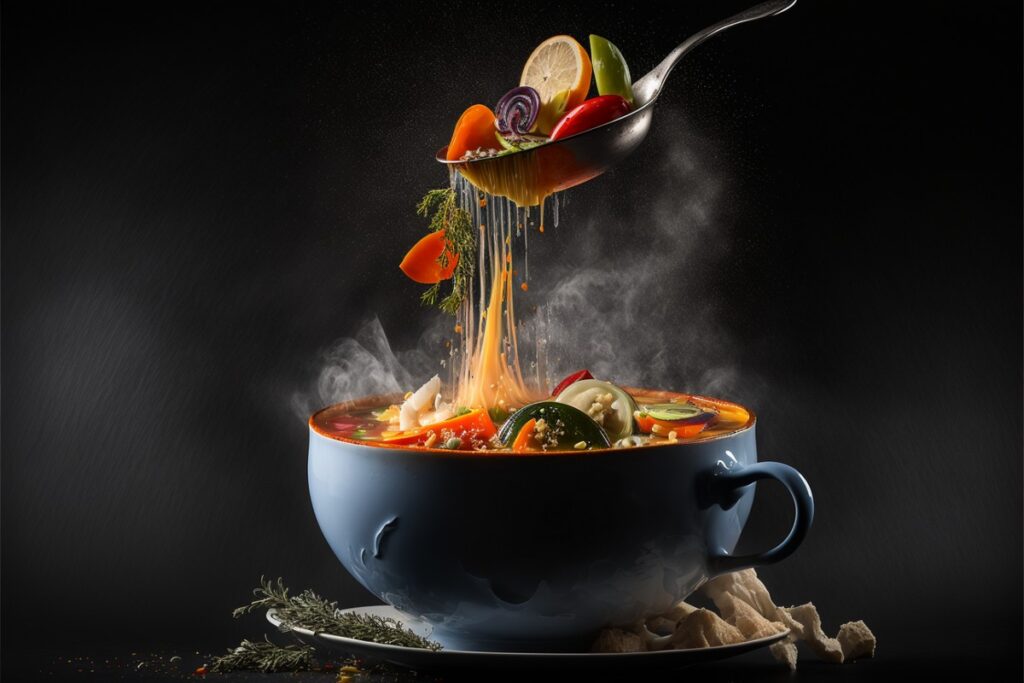 Spoon lifting vegetables and noodles from a steaming bowl of soup against a dark background.