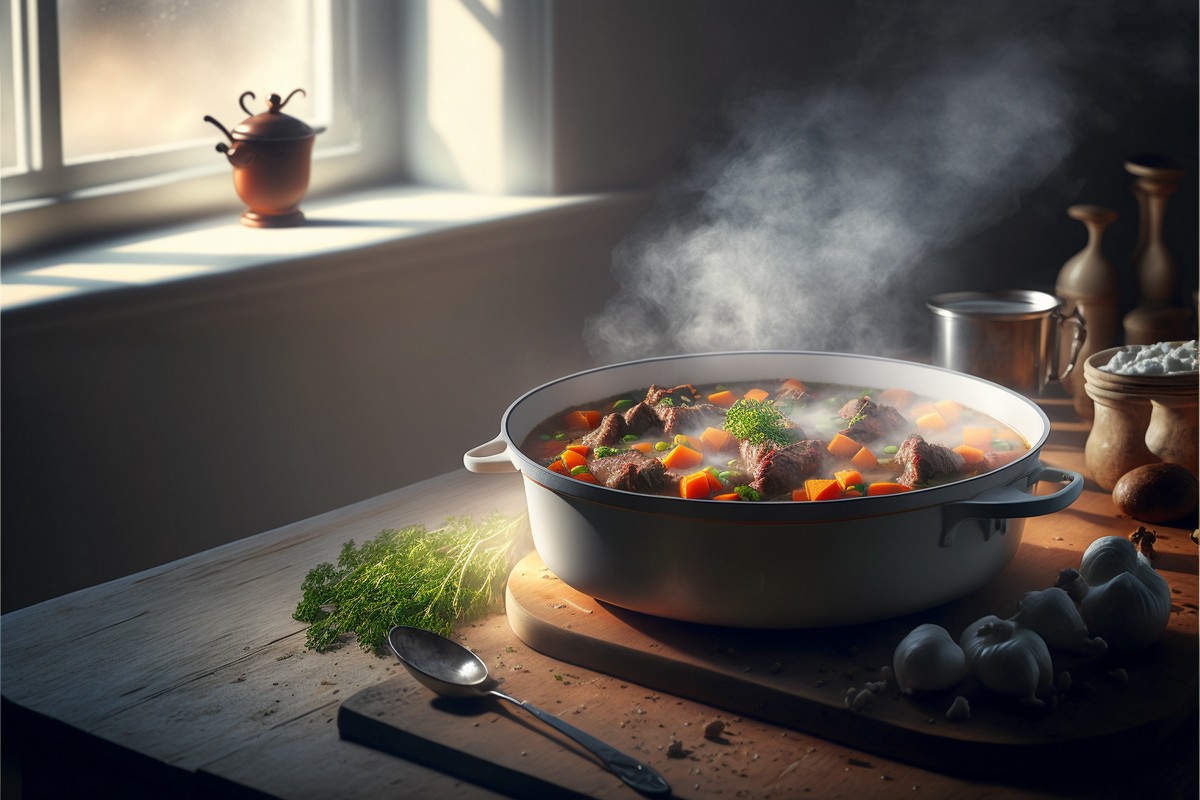 Steaming pot of vegetable stew on a wooden kitchen counter beside a sunlit window.