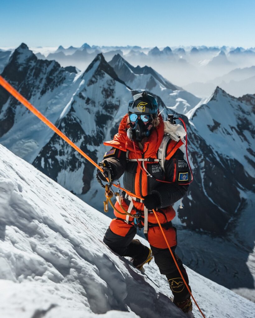 Mountaineer in an orange jacket and protective face gear on a snowy mountain beside a climbing rope.