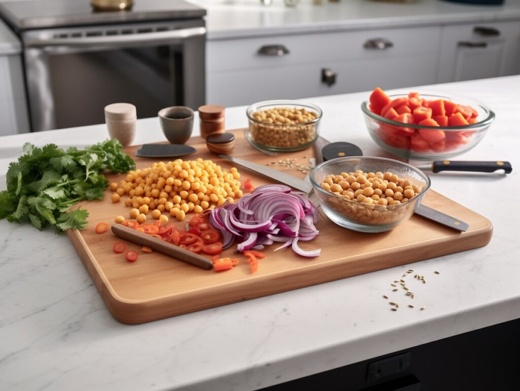Chickpeas, sliced red onion, peppers, tomatoes and herbs arranged for food preparation on a kitchen counter.