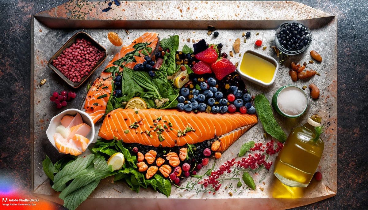 Salmon, berries, leafy greens, avocado, nuts and olive oil arranged on a tray.