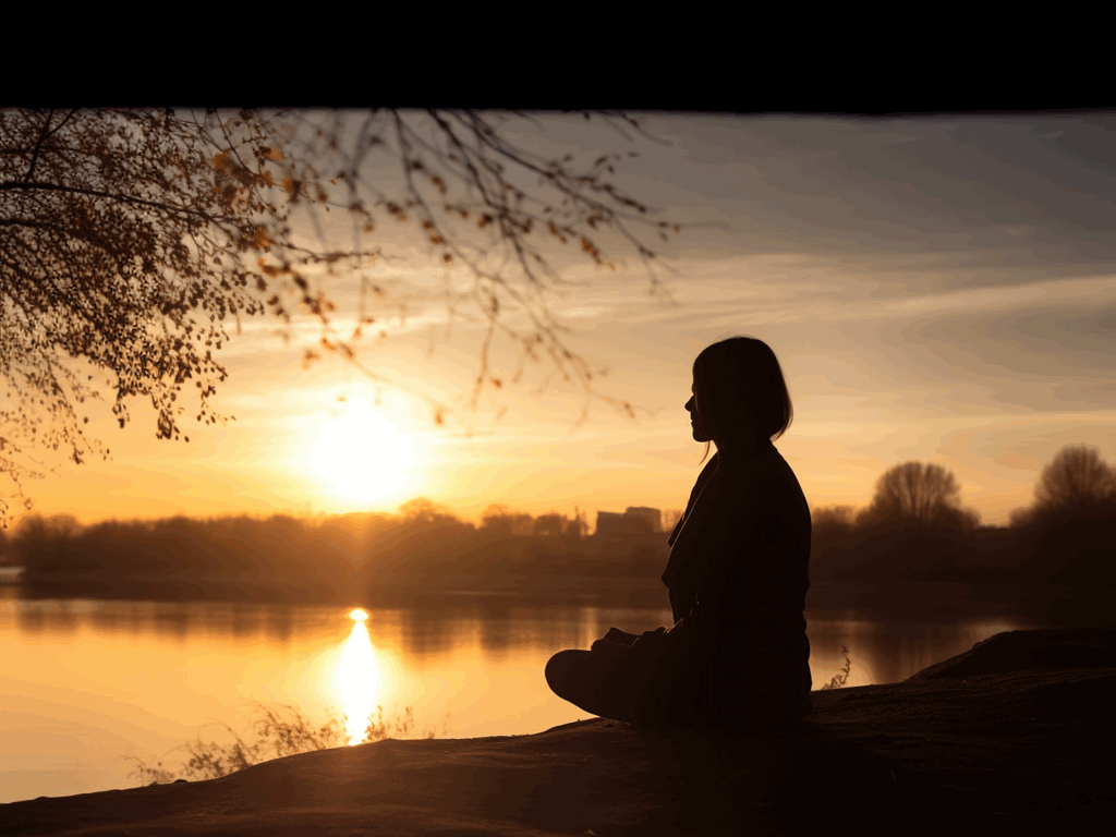 woman meditating at sunset