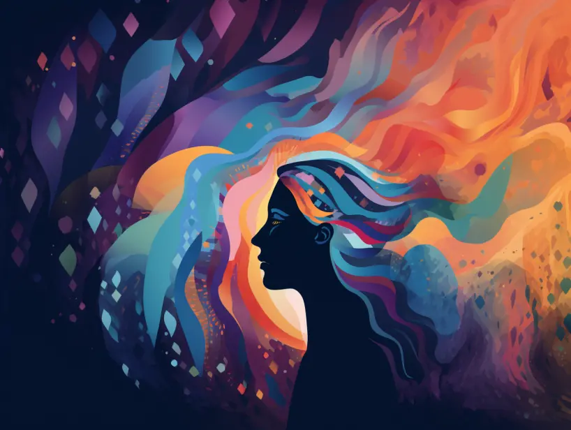 Silhouette of a person with colorful, flowing hair blending into a vibrant abstract background of blues, purples, oranges, and yellows.