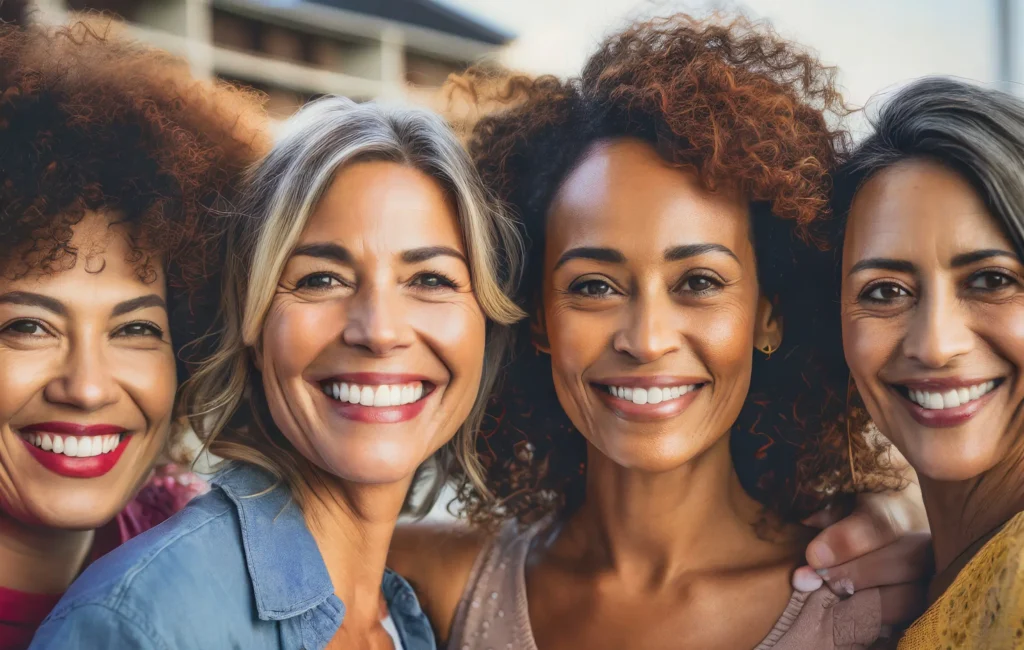 Close-up of four smiling women standing closely together outdoors.