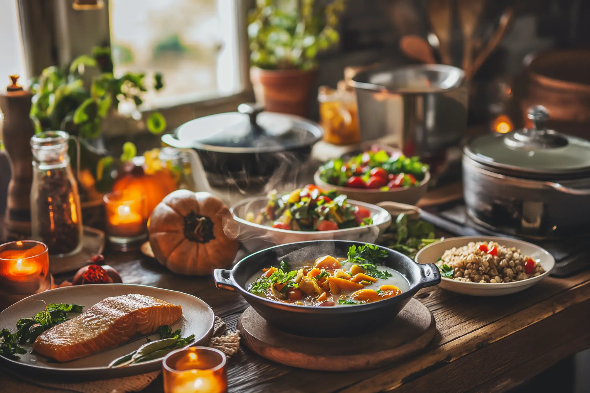 A rustic wooden table set with a variety of warm dishes including a bowl of vegetable stew, a plate with cooked salmon, a bowl of salad, and a bowl of grains, surrounded by candles and a small pumpkin.