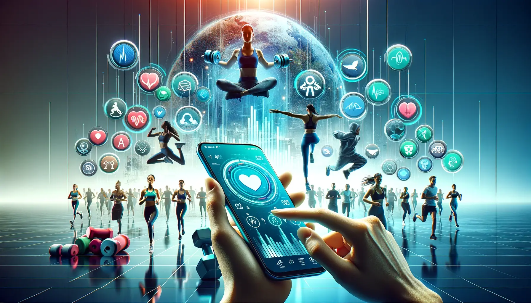 Hands holding a smartphone displaying a heart rate app, surrounded by floating fitness icons and people exercising with a glowing Earth in the background.