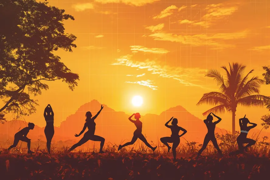 Silhouettes of seven people practicing yoga or stretching outdoors at sunset with trees and mountains in the background.
