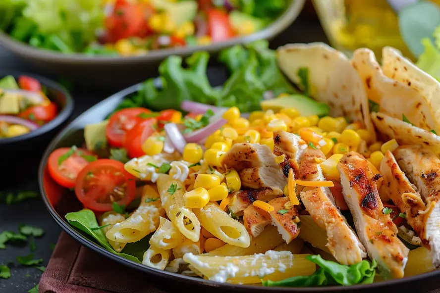 Plate with grilled chicken strips, corn, penne pasta, cherry tomatoes, lettuce, and flatbread pieces.