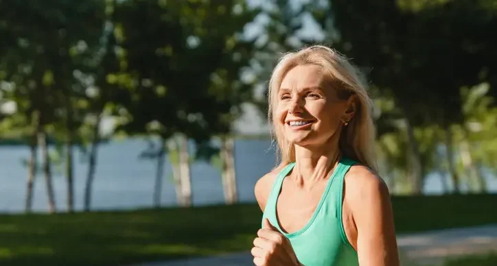 Smiling woman jogging outdoors in a green tank top with trees and water in the background