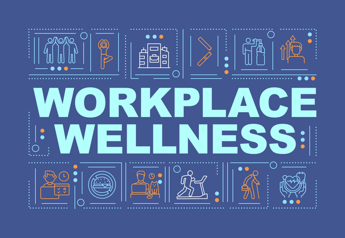 Graphic with the words 'Workplace Wellness' surrounded by icons representing group support, yoga, buildings, smoking cessation, hydration, time management, healthy eating, pet companionship, exercise, elderly care, and heart health.