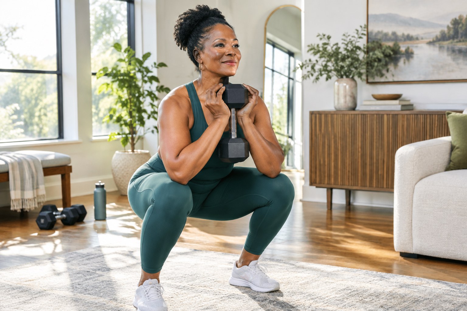 Woman performing a controlled goblet squat in a bright home training space