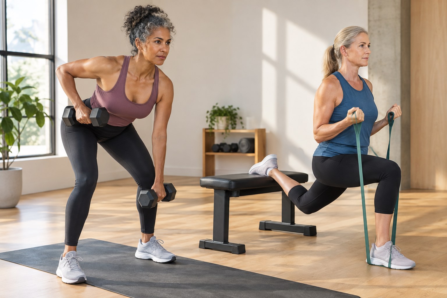 Two women over 40 completing a dumbbell and resistance-band strength circuit