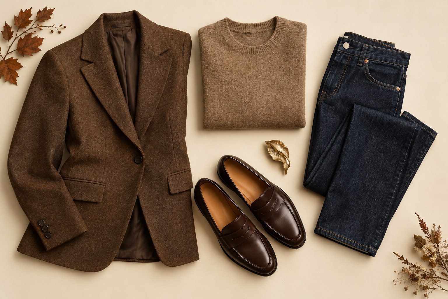 Flat lay of an earthy tailored jacket, fine knit, dark denim, loafers and a brooch