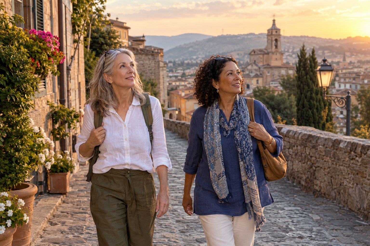 Two women over 50 exploring a historic walkable city at golden hour