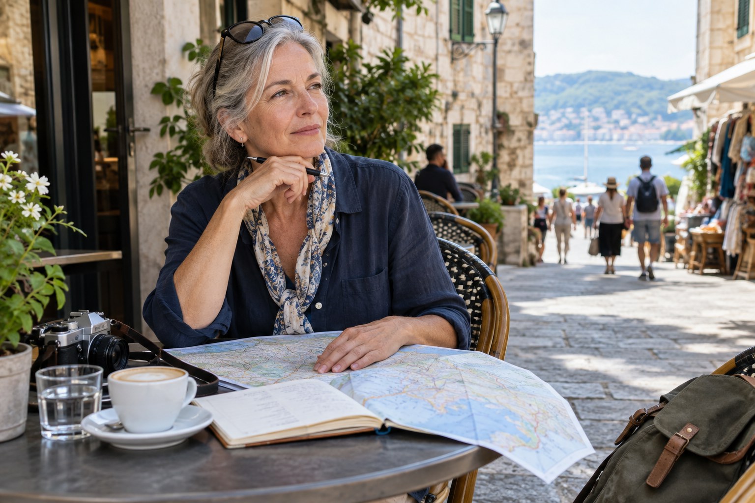Woman in her late 50s planning a flexible journey with a map and notebook at a café