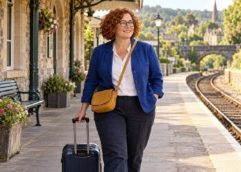 A woman waits at a train station with her luggage.