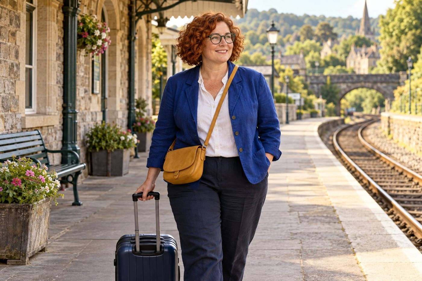 A woman waits at a train station with her luggage.
