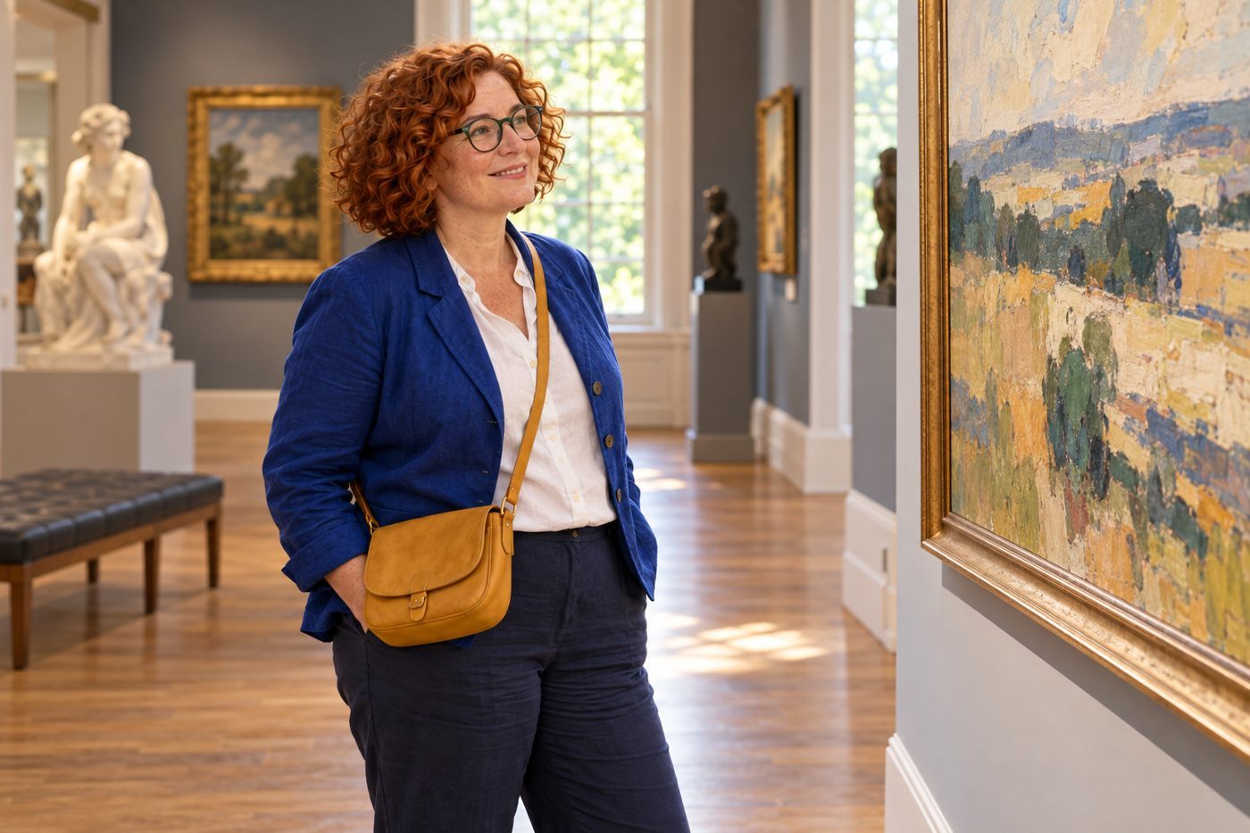 A woman views a painting in a museum.