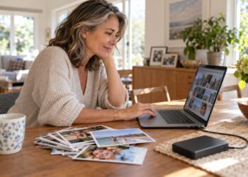 A woman organizes digital photographs at a laptop beside printed photographs and an external drive.